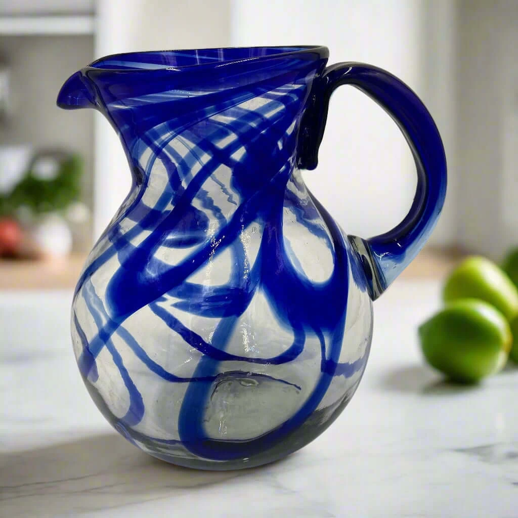 Blue Swirl Glass Pitcher | Hand-Blown Mexican Drinkware 4 Blue Swirl Glass Pitcher | Hand-Blown Mexican Drinkware - Image 4