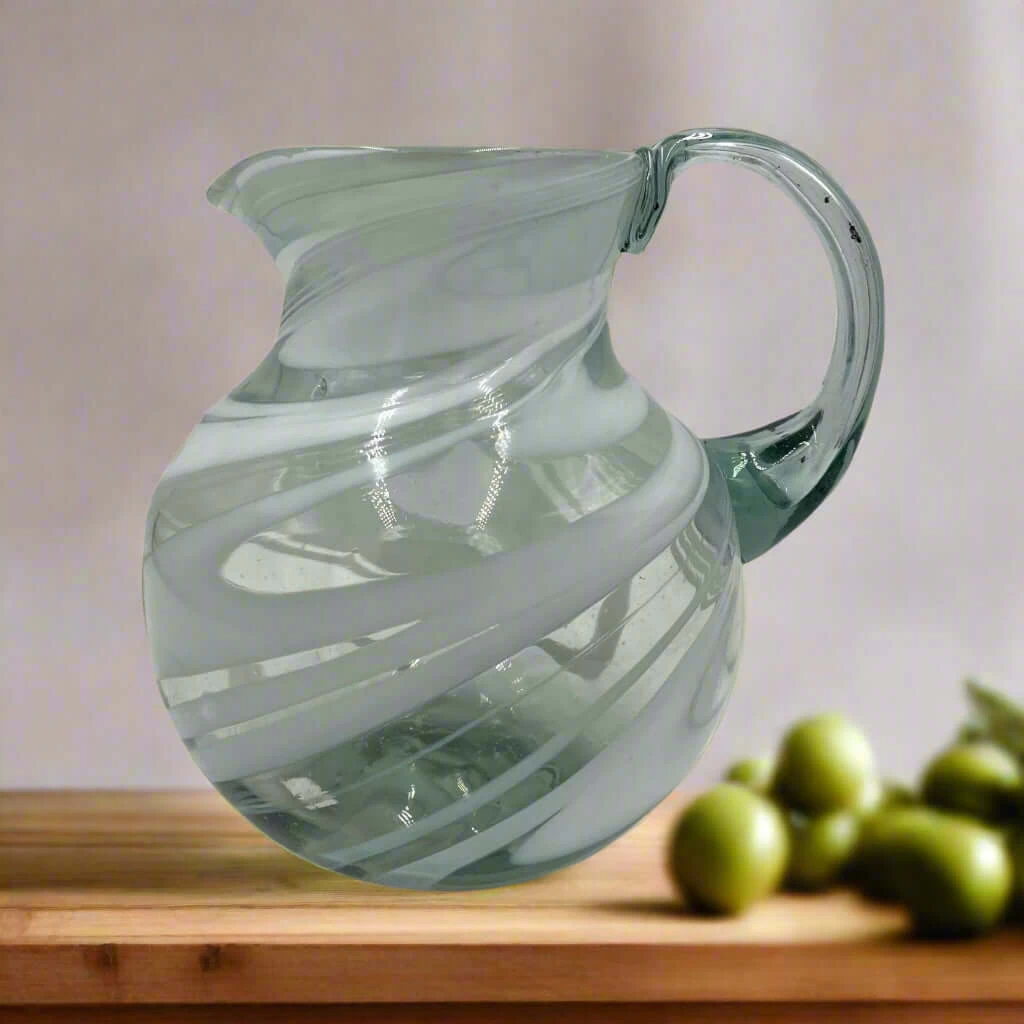 Mexican Hand-Blown Glass Pitcher | White Swirl 3 Mexican Hand-Blown Glass Pitcher | White Swirl - Image 3