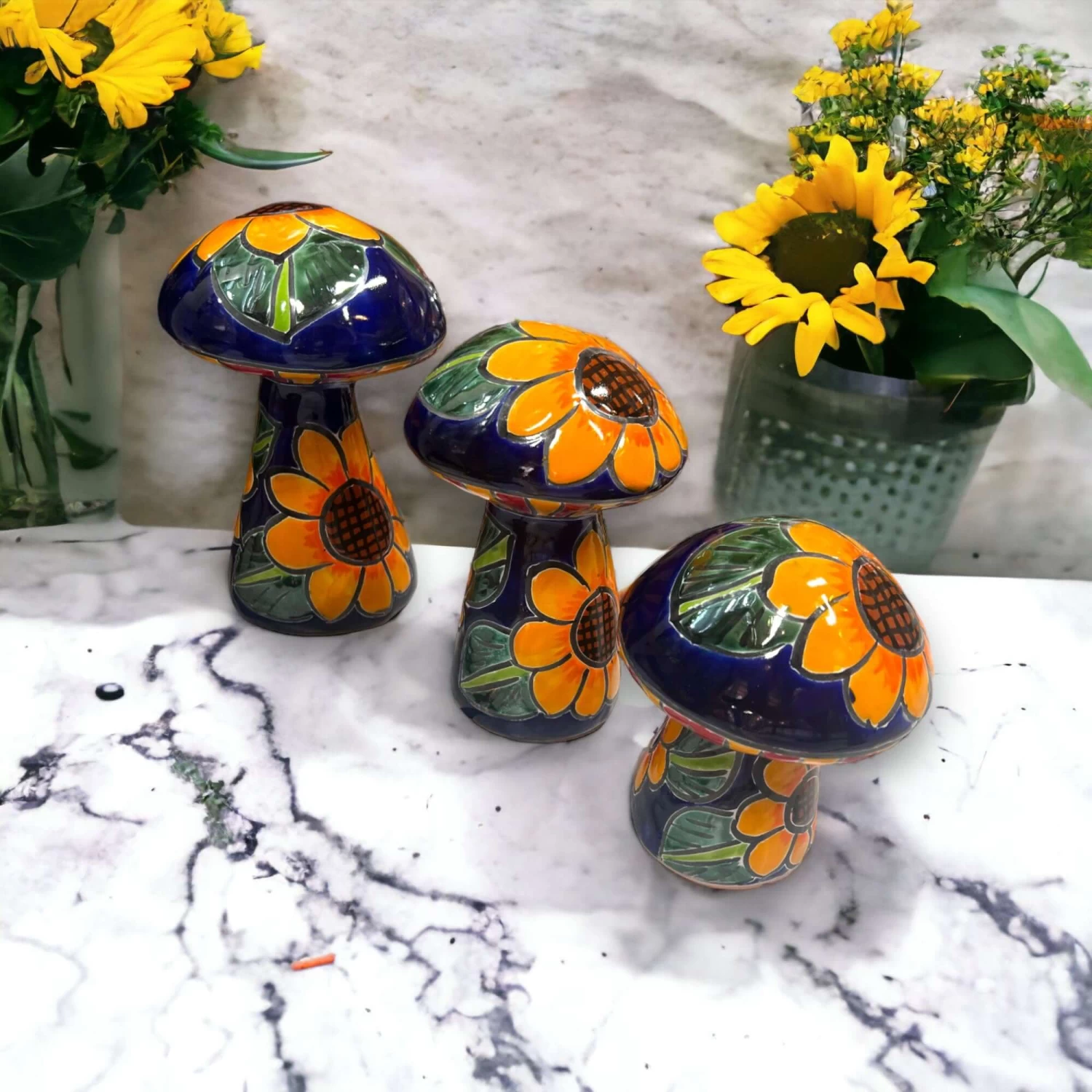 Set Of 3 Talavera Mushrooms | Colorful Sunflower Art 1 Set Of 3 Talavera Mushrooms | Colorful Sunflower Art