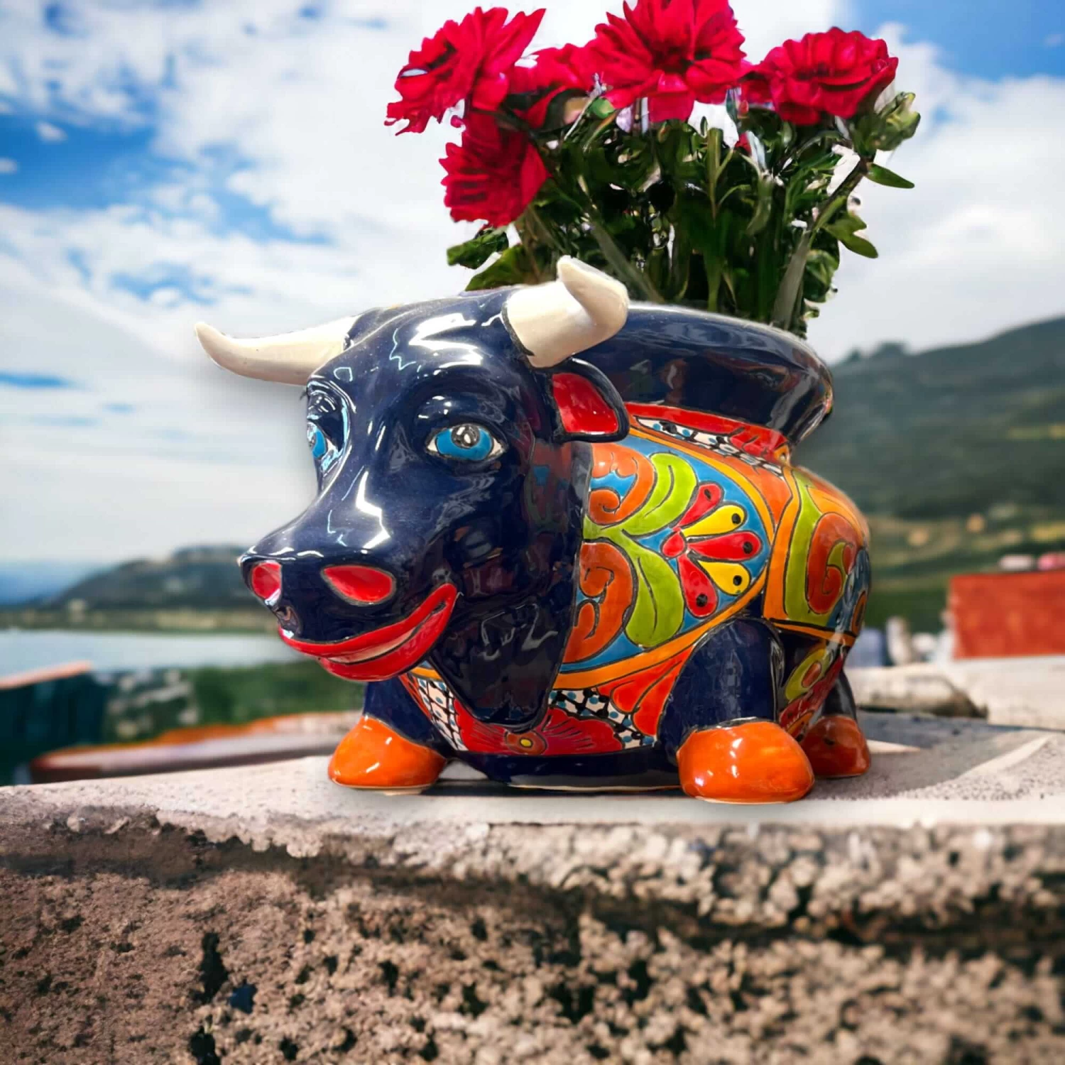 Colorful Talavera Bull Planter | Handcrafted Mexican Pottery (12" Wide) 2 Colorful Talavera Bull Planter | Handcrafted Mexican Pottery (12" Wide) - Image 2