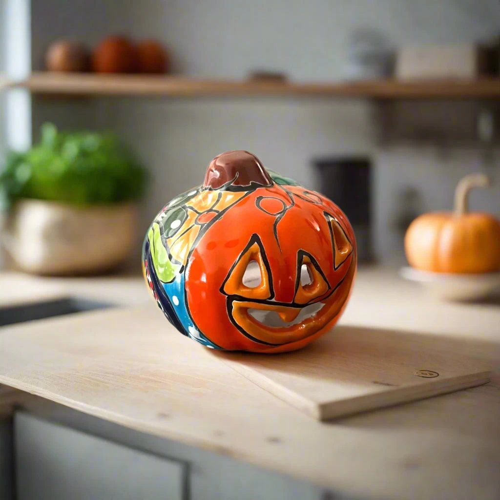 Colorful Talavera Pumpkin - Handmade Mexican Jack-o'-Lantern 2 Colorful Talavera Pumpkin - Handmade Mexican Jack-o'-Lantern - Image 2