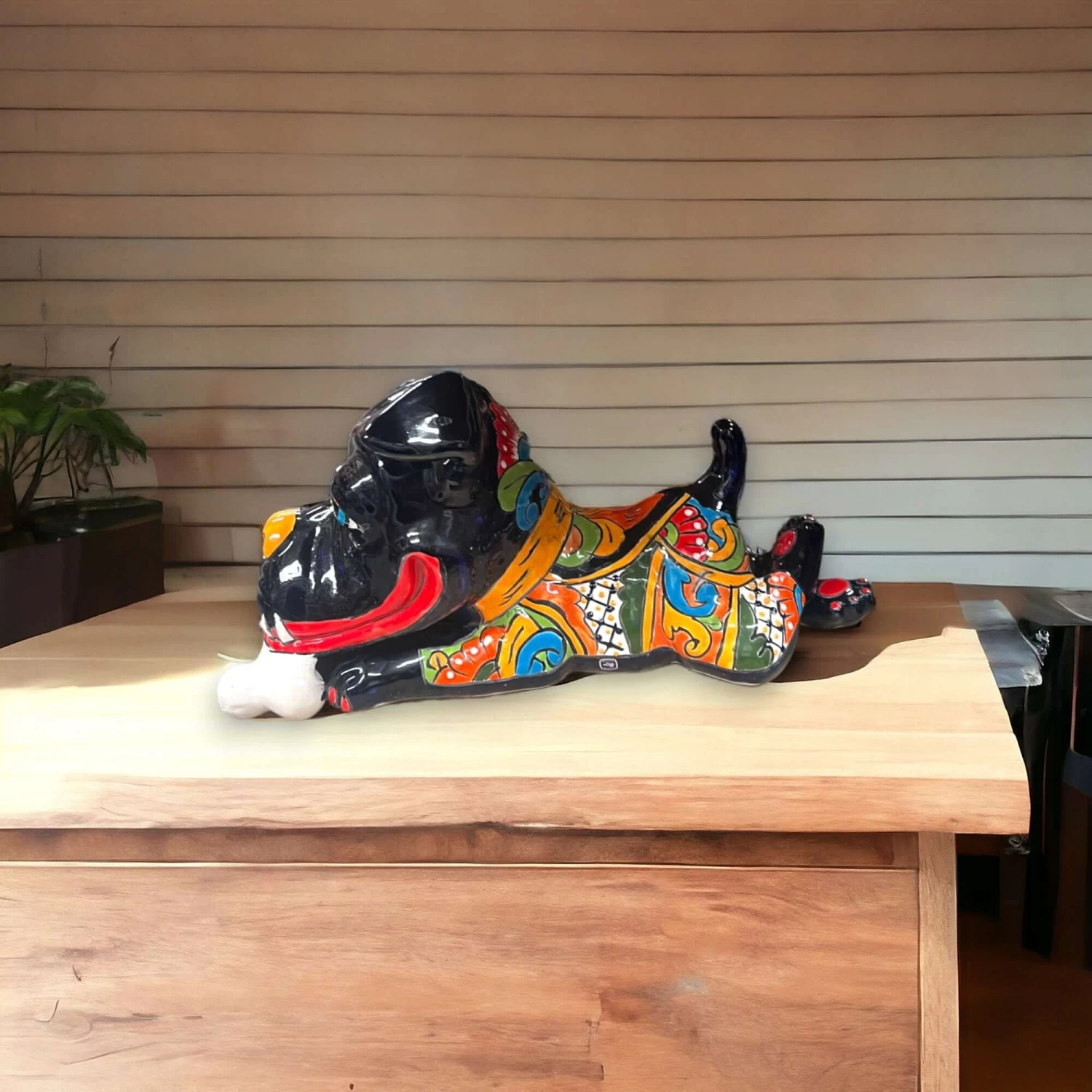 Handpainted Talavera Ceramic Large Laying Dog Decor With Bone 2 Handpainted Talavera Ceramic Large Laying Dog Decor With Bone - Image 2