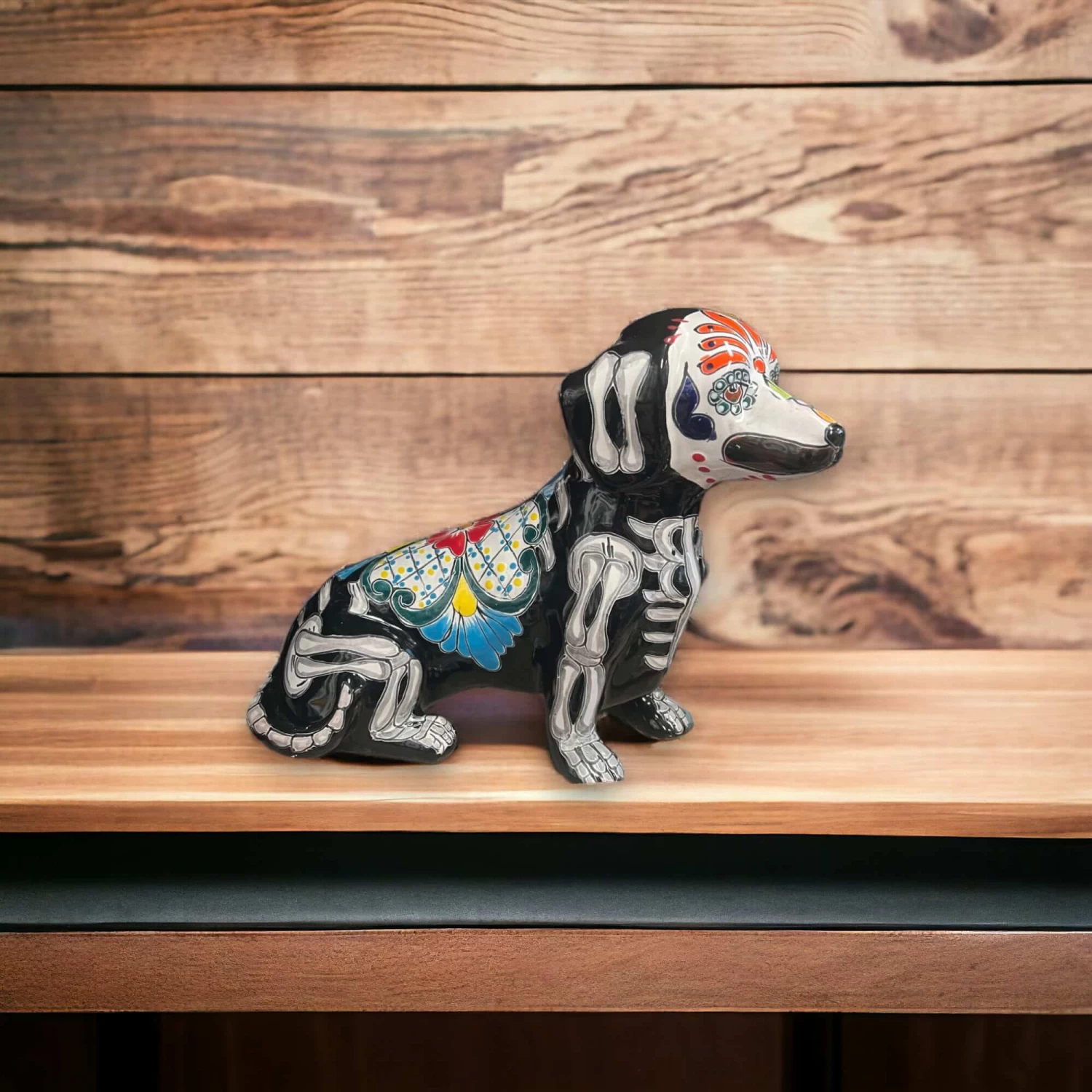 Colorful Talavera Dachshund Statue | Day Of The Dead Ceramic Art (Medium) 2 Colorful Talavera Dachshund Statue | Day Of The Dead Ceramic Art (Medium) - Image 2
