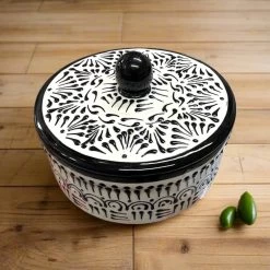 Black Talavera Tortilla Warmer | Handmade Puebla Ceramic Dish