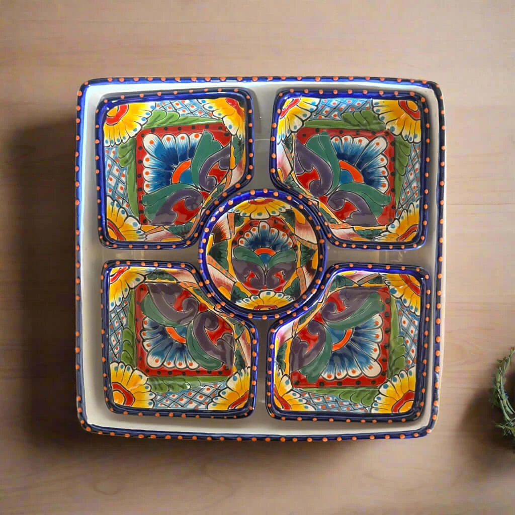 Square Talavera Appetizer Tray | Hand-Painted Mexican Serving Dish 2 Square Talavera Appetizer Tray | Hand-Painted Mexican Serving Dish - Image 2