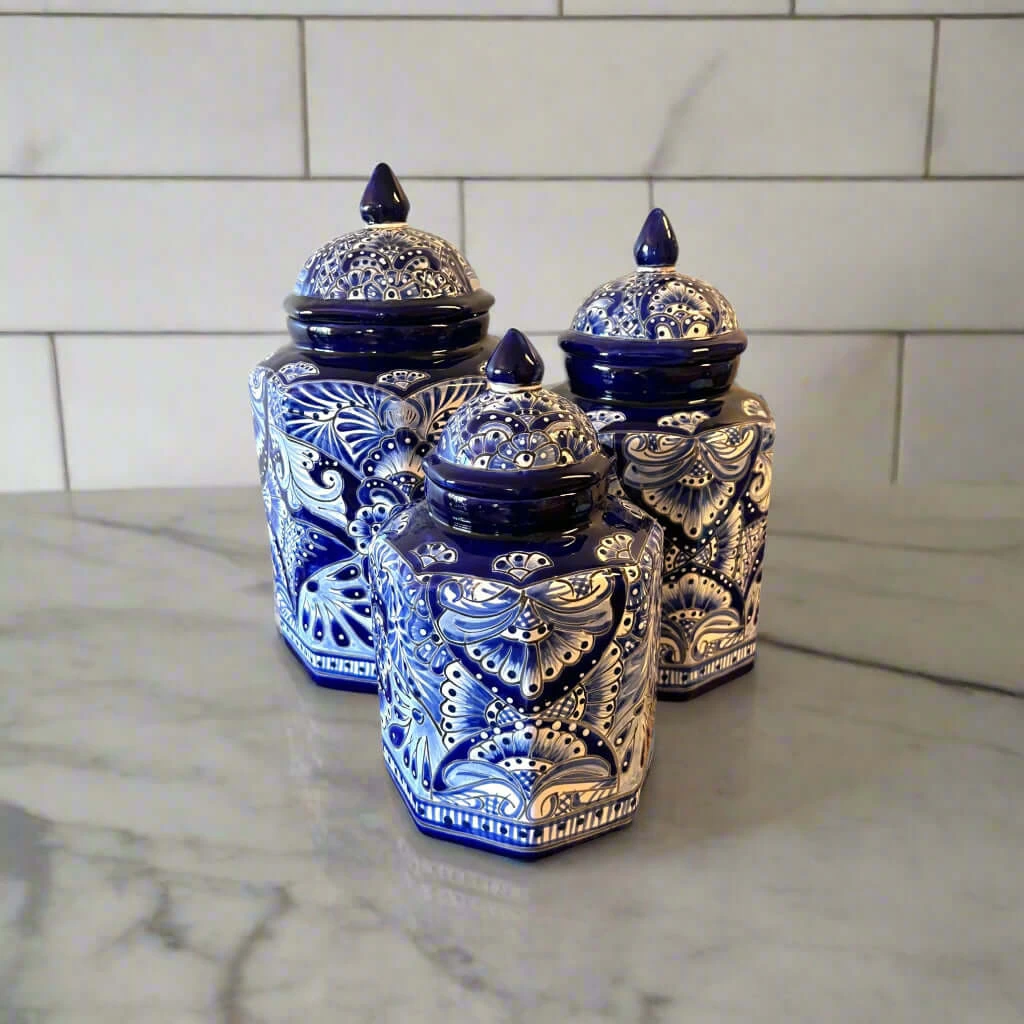 Talavera Blue & White Canister Set | Mexican Handmade Pottery 2 Talavera Blue & White Canister Set | Mexican Handmade Pottery - Image 2