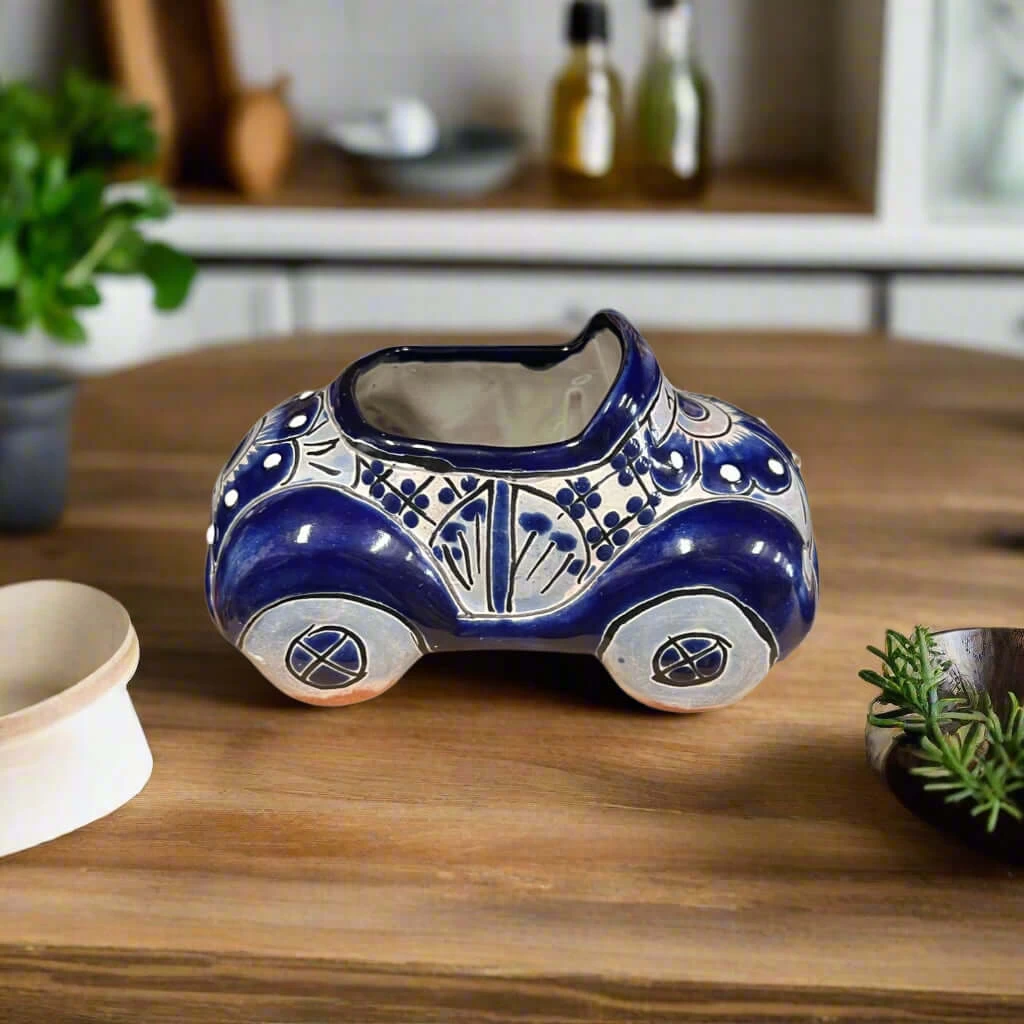 Talavera Car Planter | Small Blue & White Handmade Ceramic Pot 2 Talavera Car Planter | Small Blue & White Handmade Ceramic Pot - Image 2