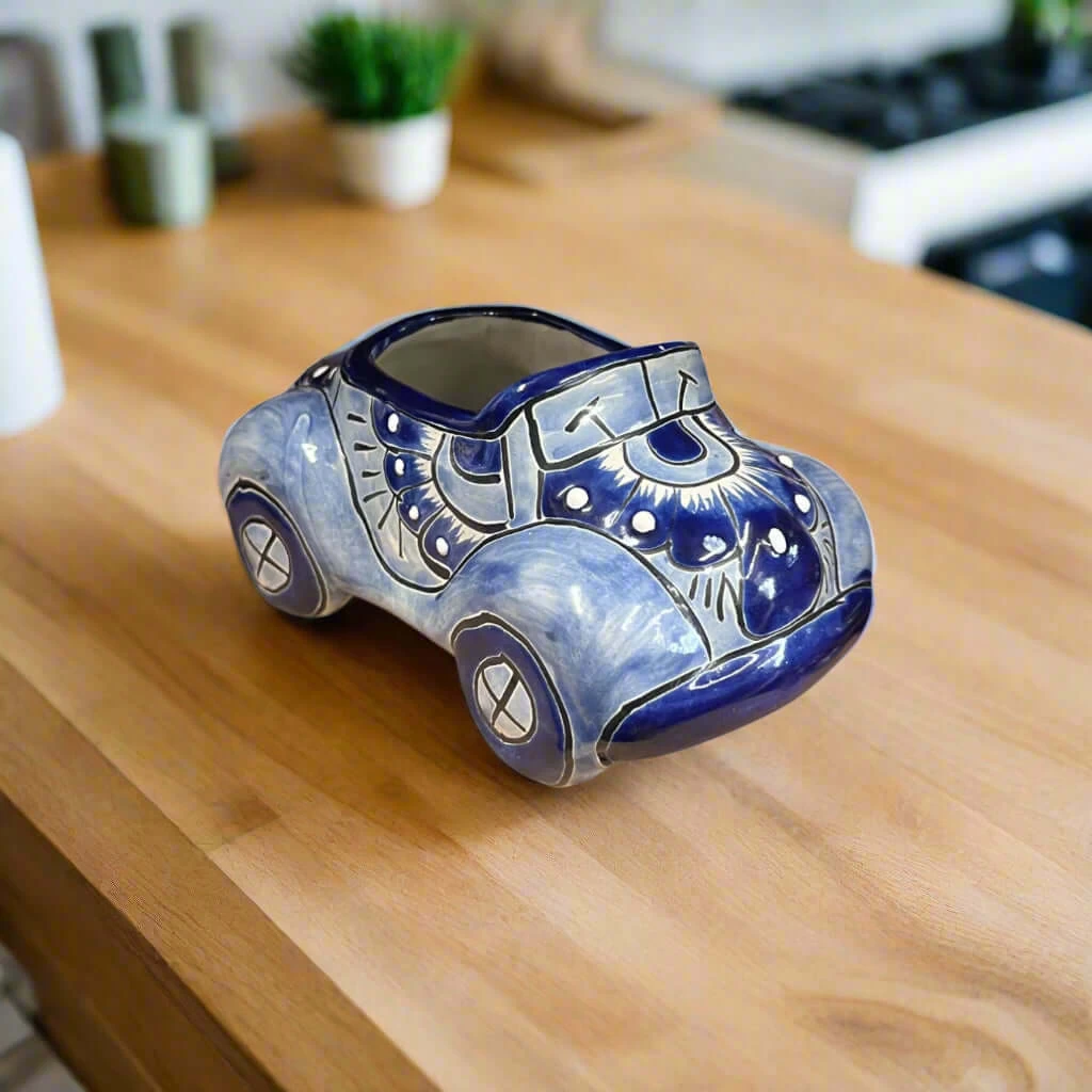 Talavera Car Planter | Small Blue & White Handmade Ceramic Pot 1 Talavera Car Planter | Small Blue & White Handmade Ceramic Pot