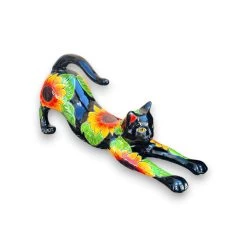 Talavera Stretching Cat Statue | Hand-Painted Sunflower Design -Pottery And Glassware talavera cat statue sunflower design hand painted