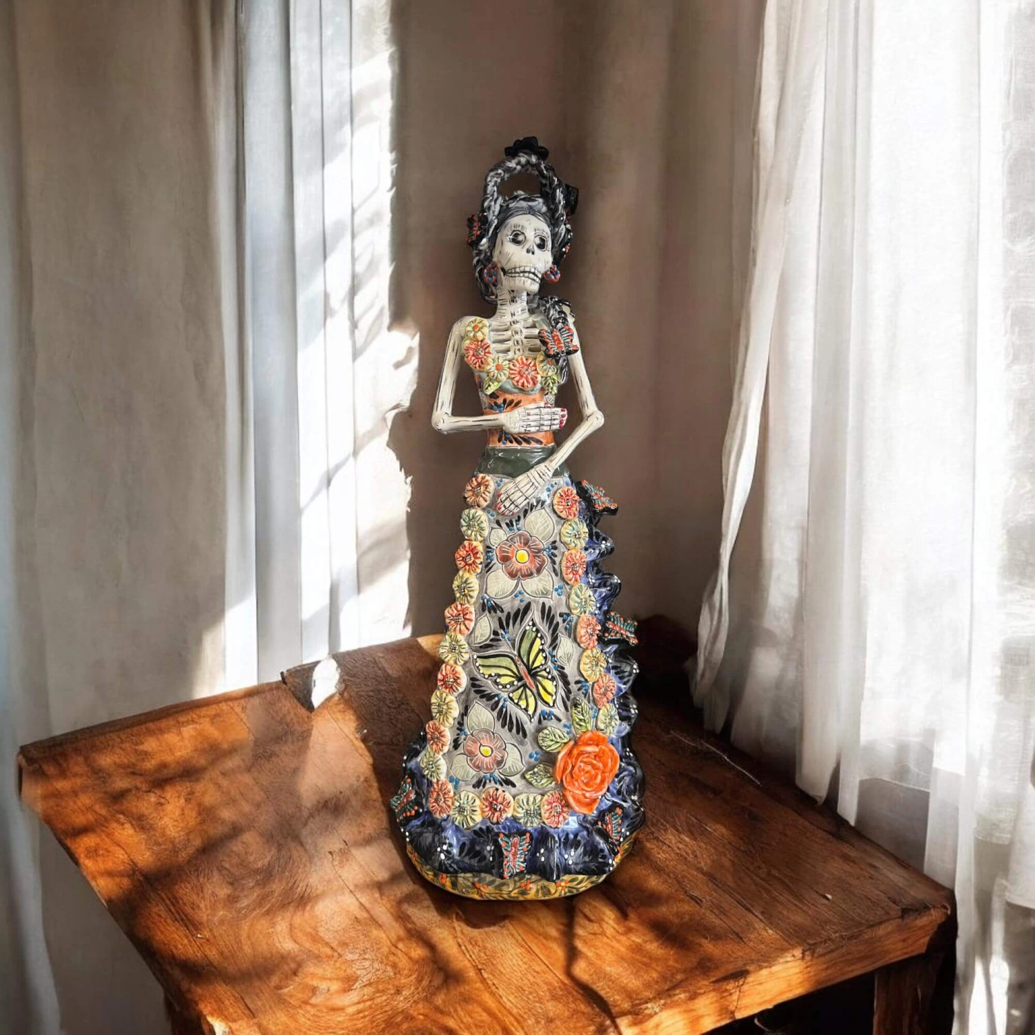 Talavera Day Of The Dead Catrina Figurine | Updo In Vibrant Dress 3 Talavera Day Of The Dead Catrina Figurine | Updo In Vibrant Dress - Image 3