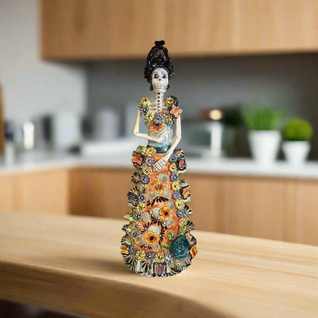 Talavera Day Of The Dead Catrina Figurine | Updo In Vibrant Dress 1 Talavera Day Of The Dead Catrina Figurine | Updo In Vibrant Dress