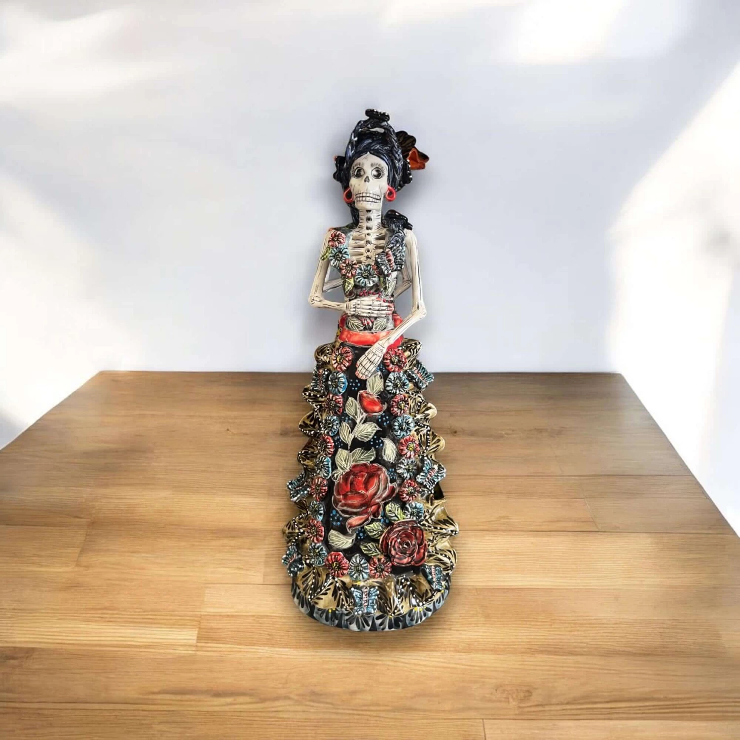 Talavera Day Of The Dead Catrina Figurine | Updo In Vibrant Dress 2 Talavera Day Of The Dead Catrina Figurine | Updo In Vibrant Dress - Image 2