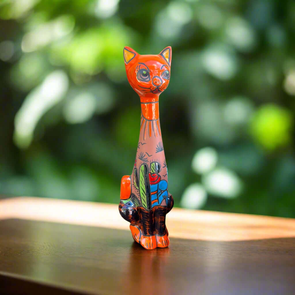 Tall Talavera Cat Statue | Mexican Terracotta Desert Design 1 Tall Talavera Cat Statue | Mexican Terracotta Desert Design