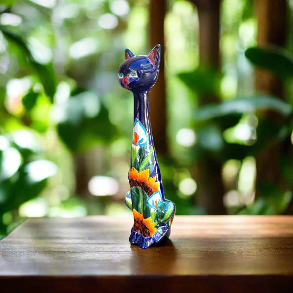 Tall Talavera Cat Statue | Handmade Mexican Sunflower Decor 1 Tall Talavera Cat Statue | Handmade Mexican Sunflower Decor