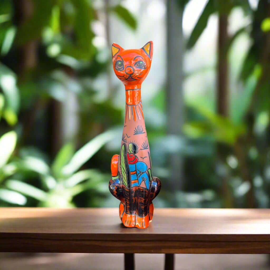 Tall Talavera Cat Statue | Mexican Terracotta Desert Design 2 Tall Talavera Cat Statue | Mexican Terracotta Desert Design - Image 2