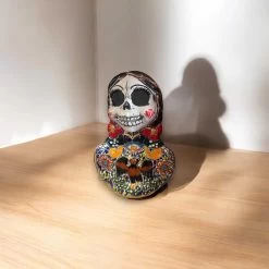 Vibrant Talavera Skeleton Woman Statue | Handcrafted Day Of The Dead Decor -Pottery And Glassware vibrant talavera skeleton statue day of dead